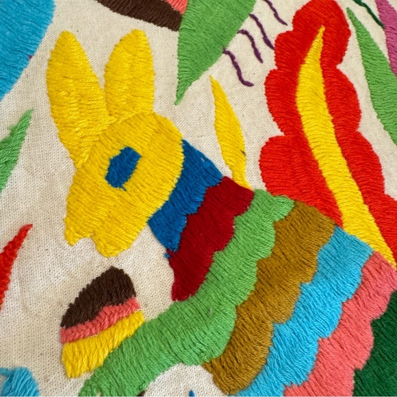 Otomi Tenango, Mexican Hand Embroidered Vintage Cloth Rabbits Bugs 17" x 14" - Picture 9 of 12
